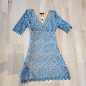 NEW Karen Kane turquoise aqua nude lace dress